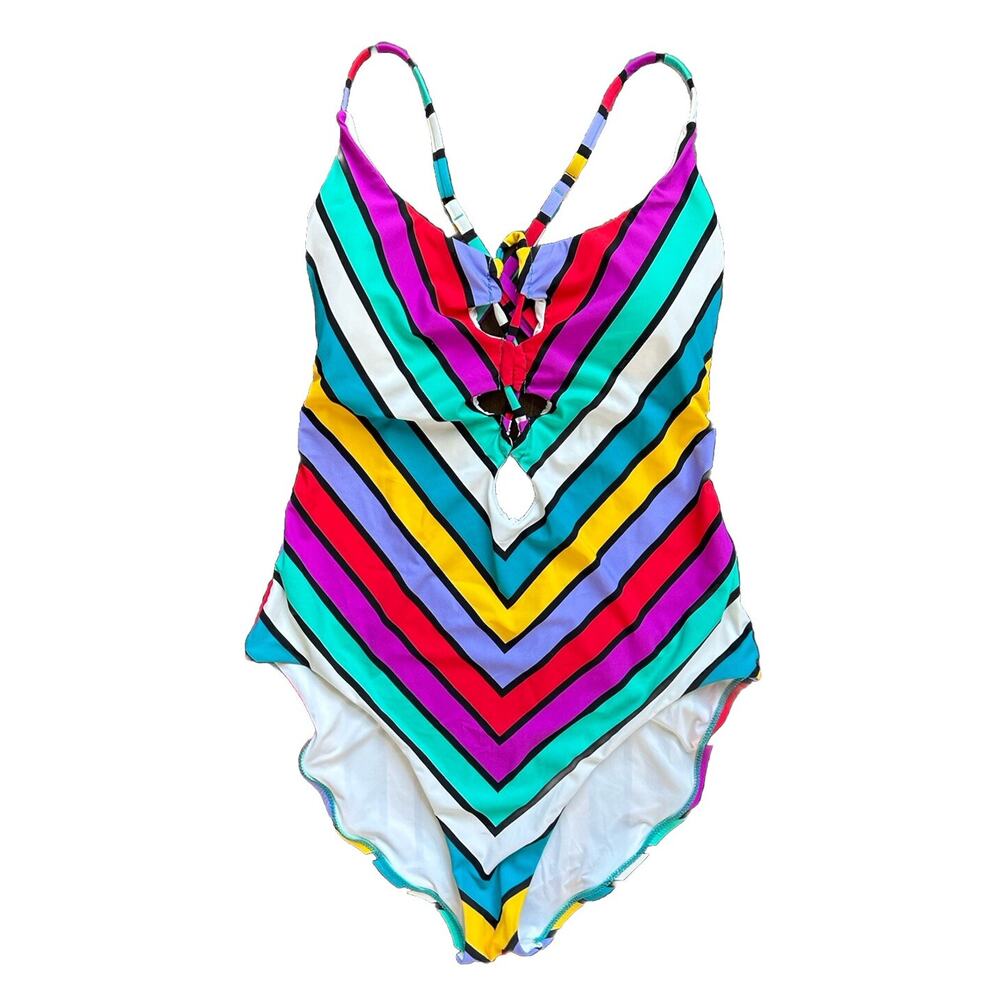 NWT Red Carter Colorful Adjustable Striped One Piece Open Back Swimsuit L US 10